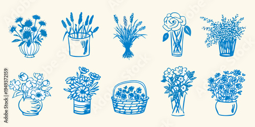 Collection of hand drawn floral arrangements in blue line art style