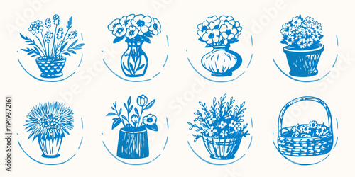 A collection of hand drawn floral arrangements in blue line art style