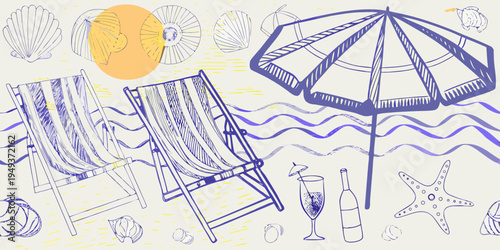 Beach scene illustration featuring chairs umbrella shells and ocean waves