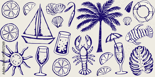 A collection of hand drawn summer and nautical themed illustrations