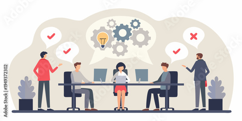 Team brainstorms ideas and evaluates solutions around a conference table