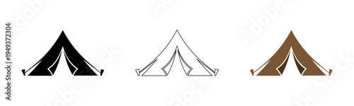 Camping tent icons in black outline white fill and brown versions isolated for adventure outdoor travel and camping design