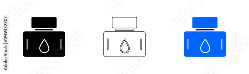 Ink bottle icons in black solid outline and blue versions with drop symbol for writing calligraphy and stationery design elements