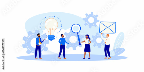 Team collaboration generates innovative ideas with lightbulb and geometric shapes