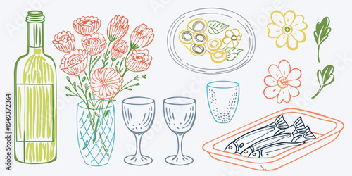 A colorful still life featuring flowers wine and a seafood platter