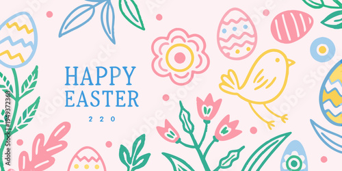 A colorful illustration depicting easter eggs flowers a bird and the word happy