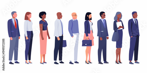 Diverse group of business professionals standing in a single file line