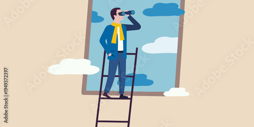 Man on a ladder looks through binoculars at a cloudy sky