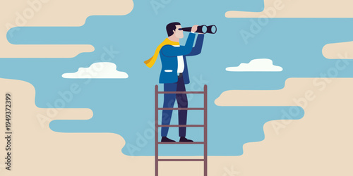 Man on ladder uses binoculars to scan the distant horizon