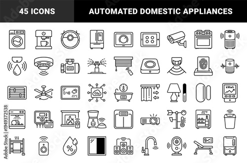 Smart home automation and internet of things ecosystem elements. Technical monoline pictograms for domestic connectivity and intelligent appliance control.