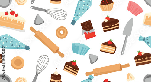 Seamless pattern displays various baking tools and treats like rolling pins, whisks, cakes, chocolates, and pastry bags on white.