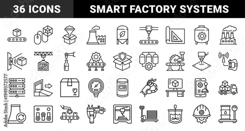 Smart manufacturing and industrial automation systems for factory optimization. Technical monoline pictograms featuring robotics and logistics workflow.