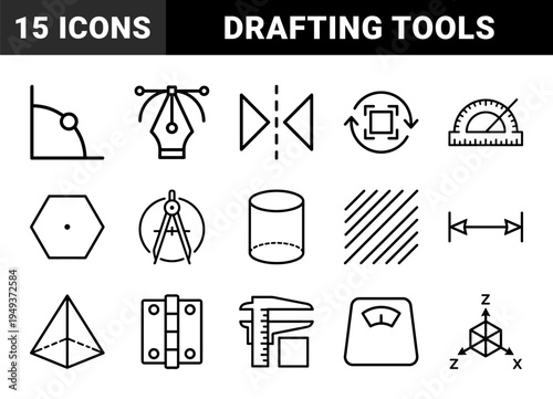 Technical engineering and geometry drafting elements for architectural design. Precise monoline pictograms featuring measurement tools and 3D modeling concepts.