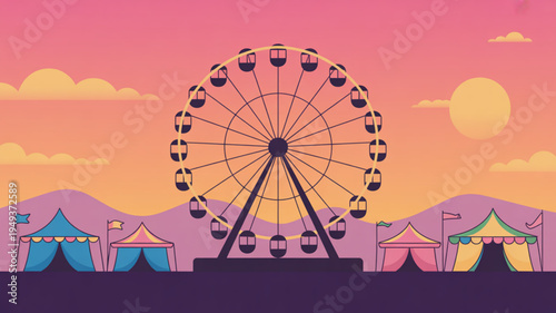 Vibrant amusement park scene with colorful ferris wheel and tents at sunset or sunrise