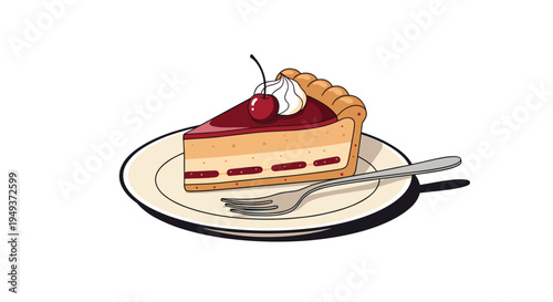 Delicious slice of cheesecake with a graham cracker crust and cherry topping sits on a plate with a fork on a white background.