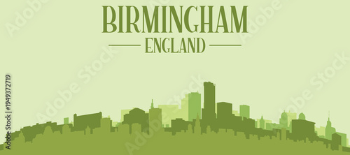 Green panoramic poster of the city skyline with solid background buildings on a hilly terrain of BIRMINGHAM, UNITED KINGDOM
