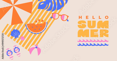 Greeting summer banner. Beach top view with beach umbrella, sunglasses, watermelon, seashells and ball. Summer positive vibe design. Template for sales, posters, covers, ads. Vector illustration.