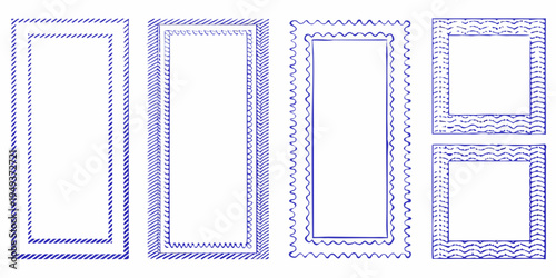 Four rectangular frames with distinct blue dashed border patterns displayed