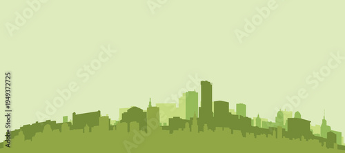 Green panoramic poster of the city skyline with solid background buildings on a hilly terrain of BIRMINGHAM, UNITED KINGDOM