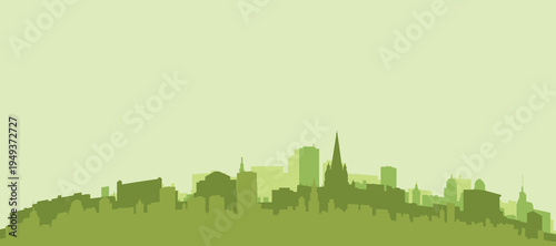 Green panoramic poster of the city skyline with solid background buildings on a hilly terrain of BRISTOL, UNITED KINGDOM