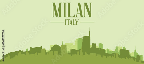 Green panoramic poster of the city skyline with solid background buildings on a hilly terrain of MILAN, ITALY