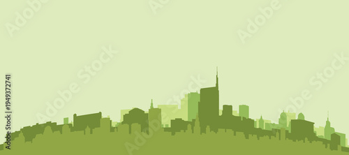 Green panoramic poster of the city skyline with solid background buildings on a hilly terrain of MILAN, ITALY
