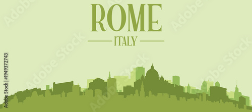 Green panoramic poster of the city skyline with solid background buildings on a hilly terrain of ROME, ITALY