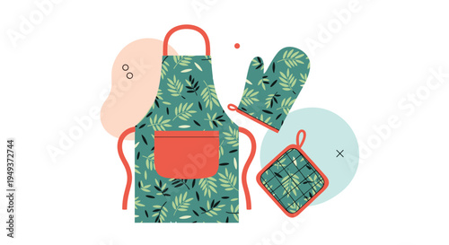 Kitchen accessory set includes a fabric apron and matching oven mitt with a green leaf pattern for home cooking.