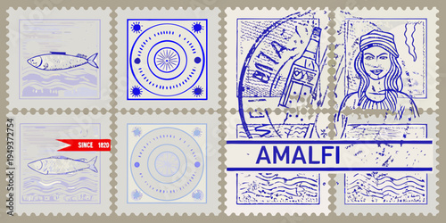 Vintage style postage stamps depict coastal imagery and amalfi location