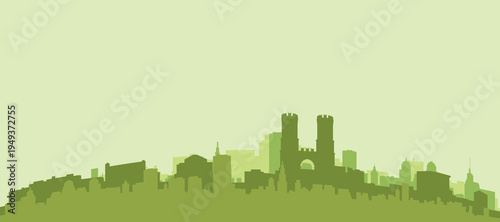 Green panoramic poster of the city skyline with solid background buildings on a hilly terrain of GENOA, ITALY
