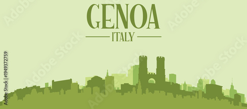 Green panoramic poster of the city skyline with solid background buildings on a hilly terrain of GENOA, ITALY
