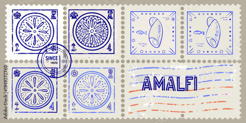 Vintage postage stamps featuring citrus fruit fish and amalfi lettering