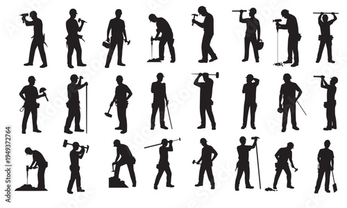 Worker in different poses vector solid fill