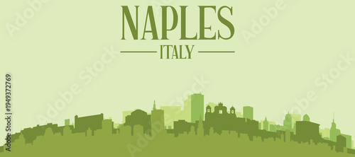 Green panoramic poster of the city skyline with solid background buildings on a hilly terrain of NAPLES, ITALY