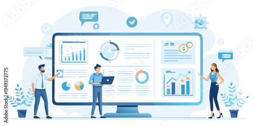 Team analyzing data and reports on a large computer screen