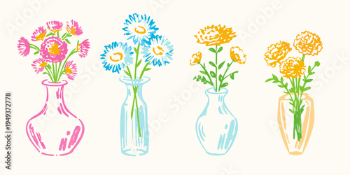 A colorful bouquet of hand drawn flowers arranged in various vases