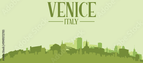 Green panoramic poster of the city skyline with solid background buildings on a hilly terrain of VENICE, ITALY