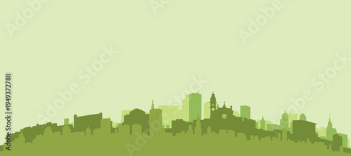 Green panoramic poster of the city skyline with solid background buildings on a hilly terrain of TURIN, ITALY