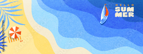 Greeting summer textured banner. Wavy sea, beach with sand, yacht for great holiday. Happy summer theme. Bright positive vibe design. Template for sales, posters, covers, ads. Vector illustration.