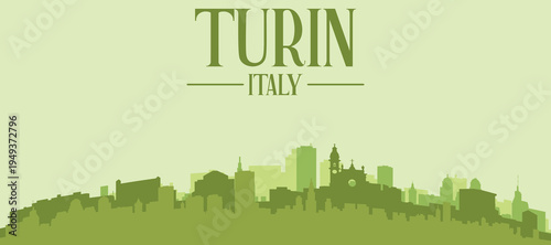 Green panoramic poster of the city skyline with solid background buildings on a hilly terrain of TURIN, ITALY