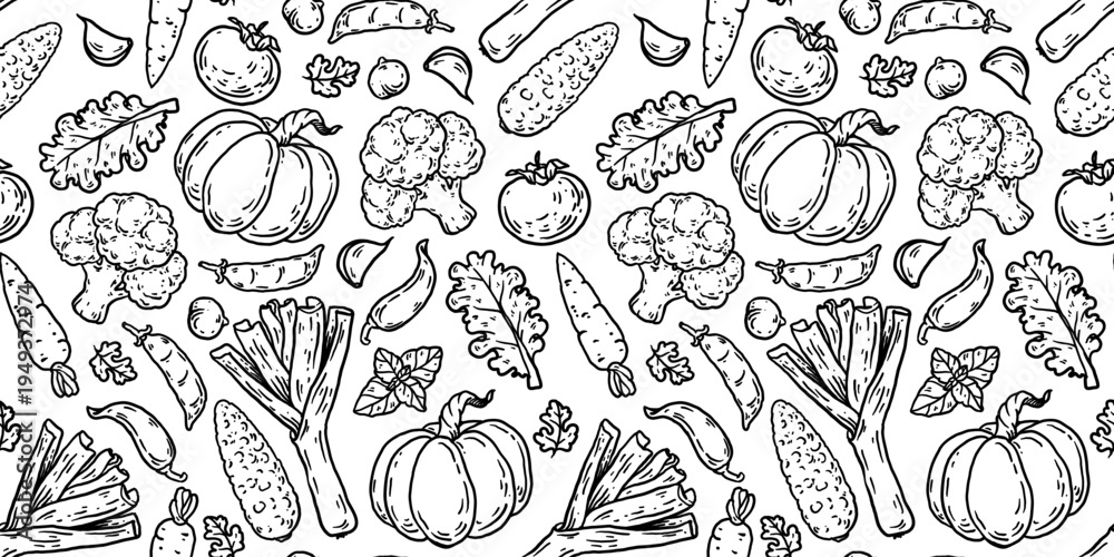 Obraz premium Organic food sketch doodles . Fruits and vegetables seamless pattern. Whimsical food doodles. Hand drawn vector illustration for menu, packaging design. Simple sketch style. Top view. Simply fun