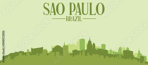 Green panoramic poster of the city skyline with solid background buildings on a hilly terrain of SAO PAULO, BRAZIL