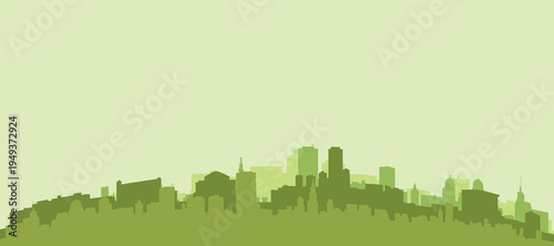 Green panoramic poster of the city skyline with solid background buildings on a hilly terrain of RIO DE JANEIRO, BRAZIL
