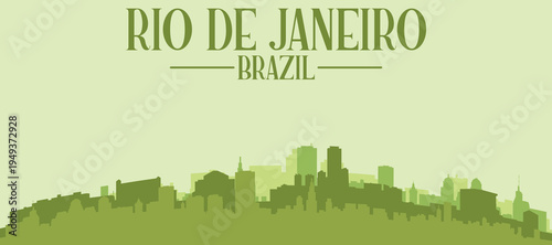 Green panoramic poster of the city skyline with solid background buildings on a hilly terrain of RIO DE JANEIRO, BRAZIL