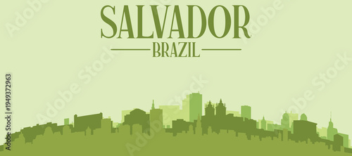 Green panoramic poster of the city skyline with solid background buildings on a hilly terrain of SALVADOR, BRAZIL
