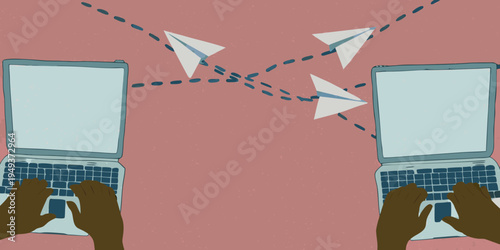 Two laptops connected by paper airplanes and dashed lines symbolizing communication