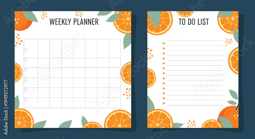 Set of two planner templates for weekly scheduling and task management decorated with fresh orange slice illustrations.