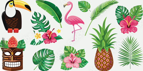 Tropical illustration featuring toucans flamingos foliage and tiki elements