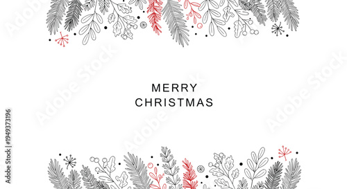 Christmas greeting card features a festive border of hand drawn evergreen branches and berries around the text.