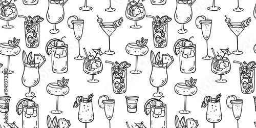 Hand drawn cocktail seamless pattern. Whimsical drinks doodles. Hand drawn vector illustration for menu, packaging design. Cocktails quirky icons, simple sketch style.